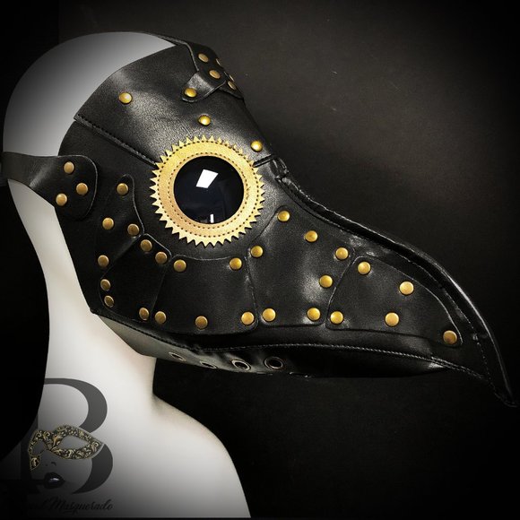 Black Plague Doctor Mask with Gold Gears - Picture 3 of 3